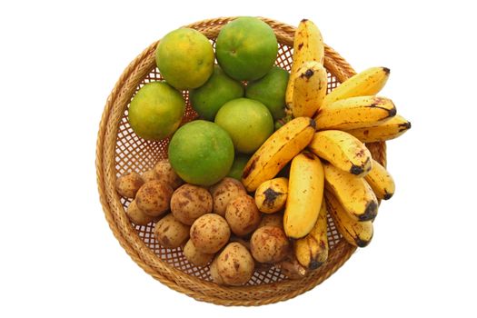 Set of Trditional Tropical Thai Fruit, Orange Banana and Longan, in Basket