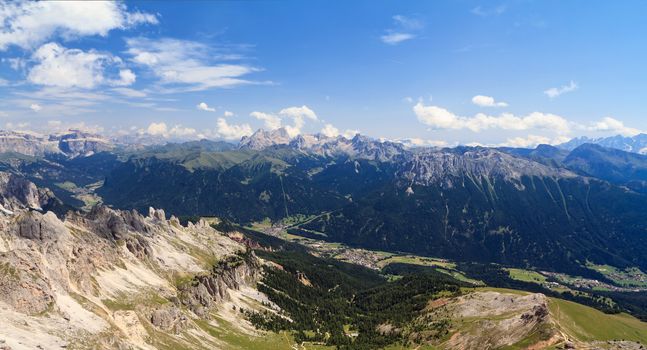 aerial view of Fassa Valley from Roda di Vael mount, Trentino, Italy