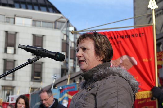 Audhild Solsvik, secretary of the United Federation of Trade Unions (Fellesforbundet) in Bergen, speaking at a demonstration against the EUs Temporary and Agency Work Directive 21.02.2012.