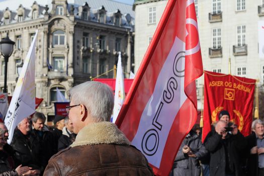 Norwegian trade unionists protesting against the EUs Temporary and Agency Work Directive in front of the norwegian parliament (Stortinget) 21.02.2012.