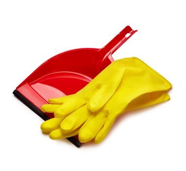 Rubber yellow gloves and red dustpan isolated on white background
