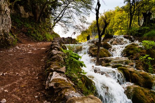 Beaten track near a forest waterfall in Plitvice Lakes National Park, Croatia