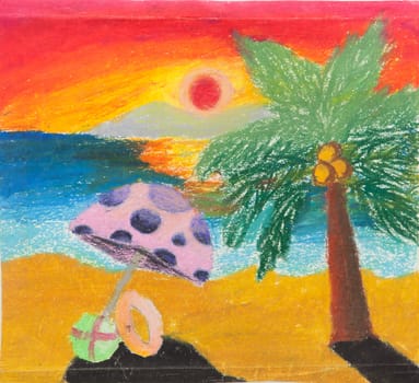 tropical beach chair and coconut at sunset free hand drawing from color crayon techniques from young artist illustrated children are learning kind