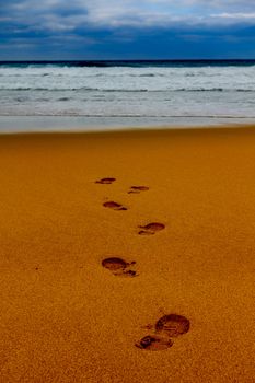 Footsteps in wet sand in a line towards the sea on a beach, Portugal
