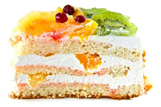 Birthday cake with cream with fruit on the white background