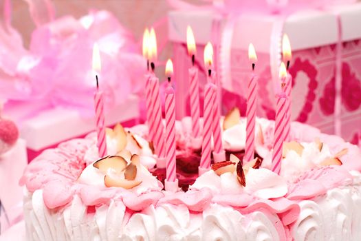 cake with candles, pink, gifts, 