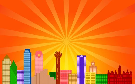 Dallas Texas City Skyline Panorama Color Silhouette with Sun Rays Clip Art Illustration