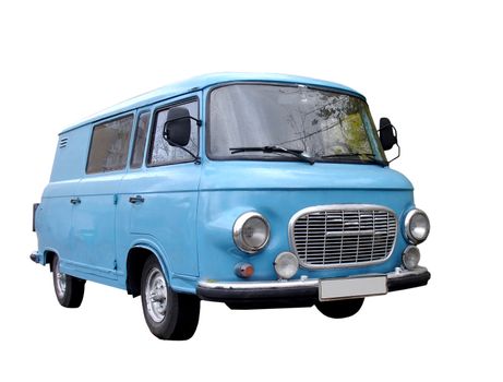 Isolated blue vintage minivan on a white background