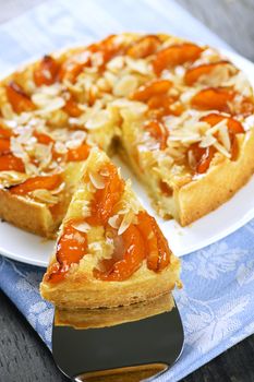 Slice of fresh baked apricot and almond pie dessert