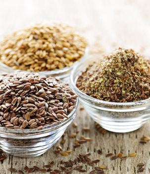 Bowls of whole and ground flax seed or linseed