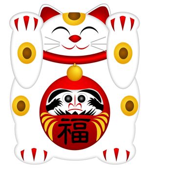Maneki Neko Japanese Prosperity Kanji Words and Daruma Doll Symbol Illustration Isolated on White Background