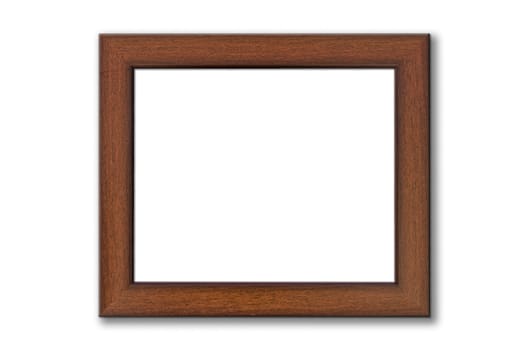 Brown wood picture frame on white background with shadow