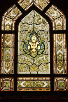 Stained glass window of angel, Wat Benjamobopith, Bangkok Thailand