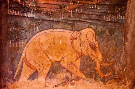 Ancient Buddhist temple mural depicting a Thai daily life scene at Wat Phumin, a famous temple in Nan province, Thailand. The temple is open to the public and has beautiful murals on the walls.