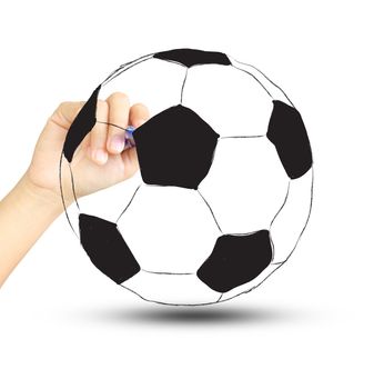 soccer football ball and hand with pen isolated on white background