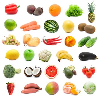 Large collection of fruits and vegetables isolated on white background, high resolution
