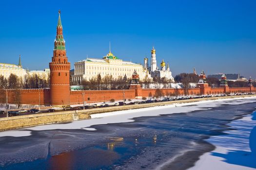 The view of Moscow Kremlin from the bridge over Moskva river