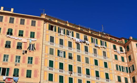characteristic frescoed homes in Camogli, famous small town in Liguria, Italy
