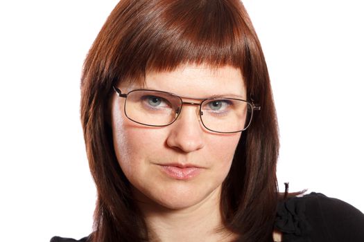 serious woman with glasses on a white background