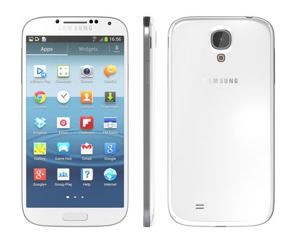 Galati, Romania - April 14, 2013: The Samsung Galaxy S4 handset steadily draws from the same design language as the S3, but takes almost every spec to an extreme -- the screen is larger, the processor faster and the rear-facing camera stuffed with more megapixels.