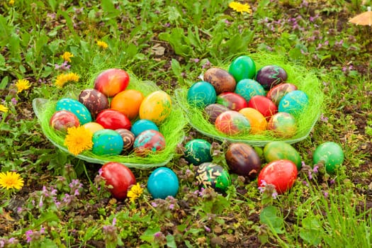 Colorful easter eggs arranged on a meadow with flowers, horizontal shot
