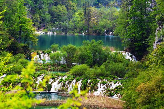 Plitvice Lakes National park, Croatia. View from above of the lakes and waterfalls.