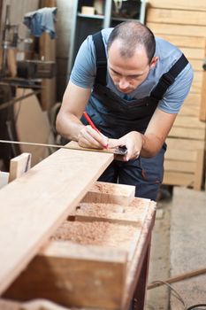 Man measuring a beech wood plank