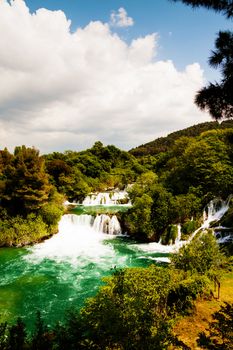 Cascade of waterfalls with emerald pond, Krka national park, Croatia