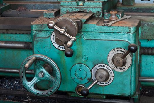 Close up of lathe control levers