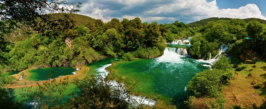 Panoramic HDR photo of waterfalls in Krka National Park in Croatia.