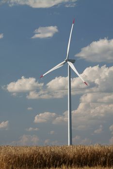 Wind power generator in a wheat field, close-up