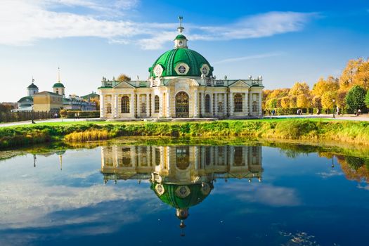 Grotto pavilion with reflection in park Kuskovo, Moscow, Russia