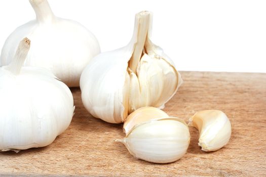 Fresh garlic on the wooden desk with white background