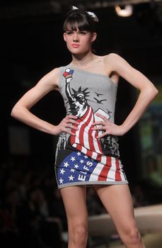 ZAGREB, CROATIA - MARCH 23: Fashion model wears clothes made by ELFS on "CRO A PORTER" show on March 23, 2012 in Zagreb, Croatia.