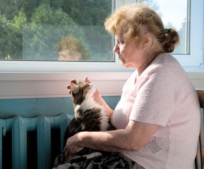 The old woman holds cat in a lap