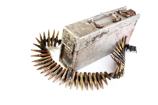Machine-gun tape with cartridges of times  Second World War on a white background