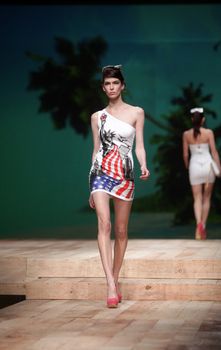 ZAGREB, CROATIA - MARCH 23: Fashion model wears clothes made by ELFS on "CRO A PORTER" show on March 23, 2012 in Zagreb, Croatia.