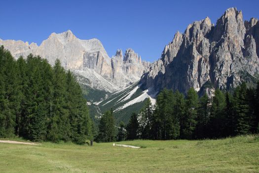 summer view of Catinaccio mountain, Italian Dolomites