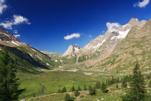 summer view of Veny valley in Courmayeur, Aosta Valley, Italy