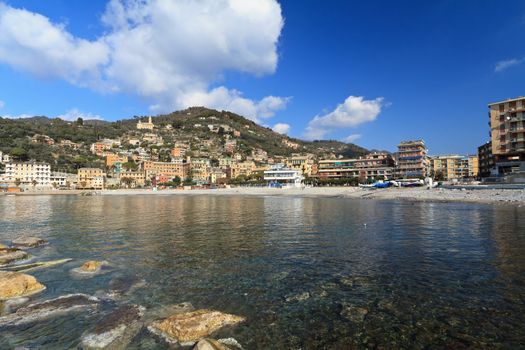 view from the beach of Recco, small town in Liguria, Italy