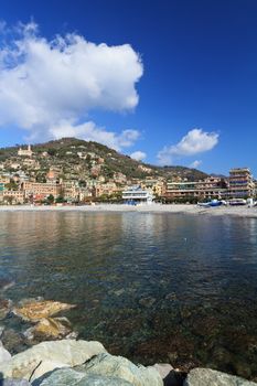 view from the beach of Recco, small town in Liguria, Italy