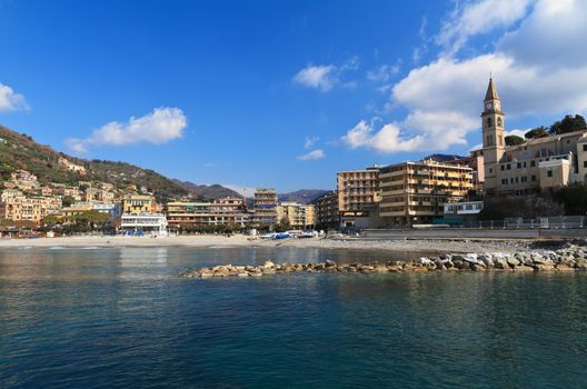beach and promenade in Recco, small town in Liguria, Italy