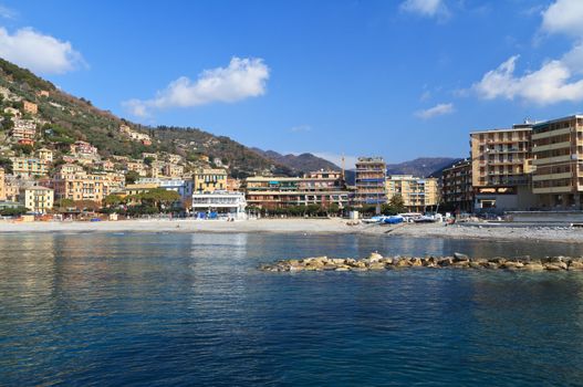 beach and promenade in Recco, small town in Liguria, Italy