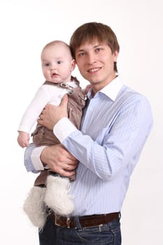 The father and the son on a white background, a vertical format