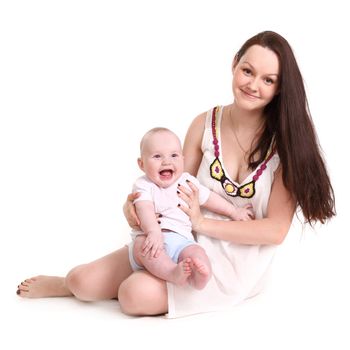 Young mum and the small son, portrait on a white background close up, the kid sits at mum in a lap, mum holds the kid, a format square