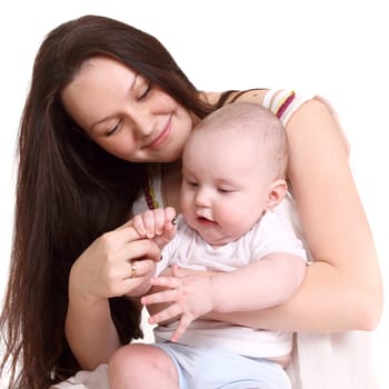 Young mum and the small son, portrait on a white background close up, the kid holds mum for a finger, a format square.