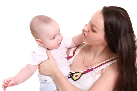 Young mum and the small son, portrait on a white background close up, the kid embraces mum, a format horizontal.