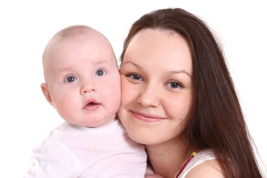 Young mum and the small son, portrait on a white background close up