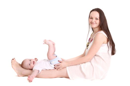 Young mum plays with the small son. A portrait on a white background. A horizontal.