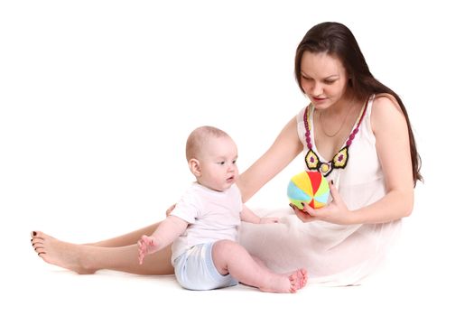 Young mum young mum plays with the small son. A portrait on a white background? A horizontal